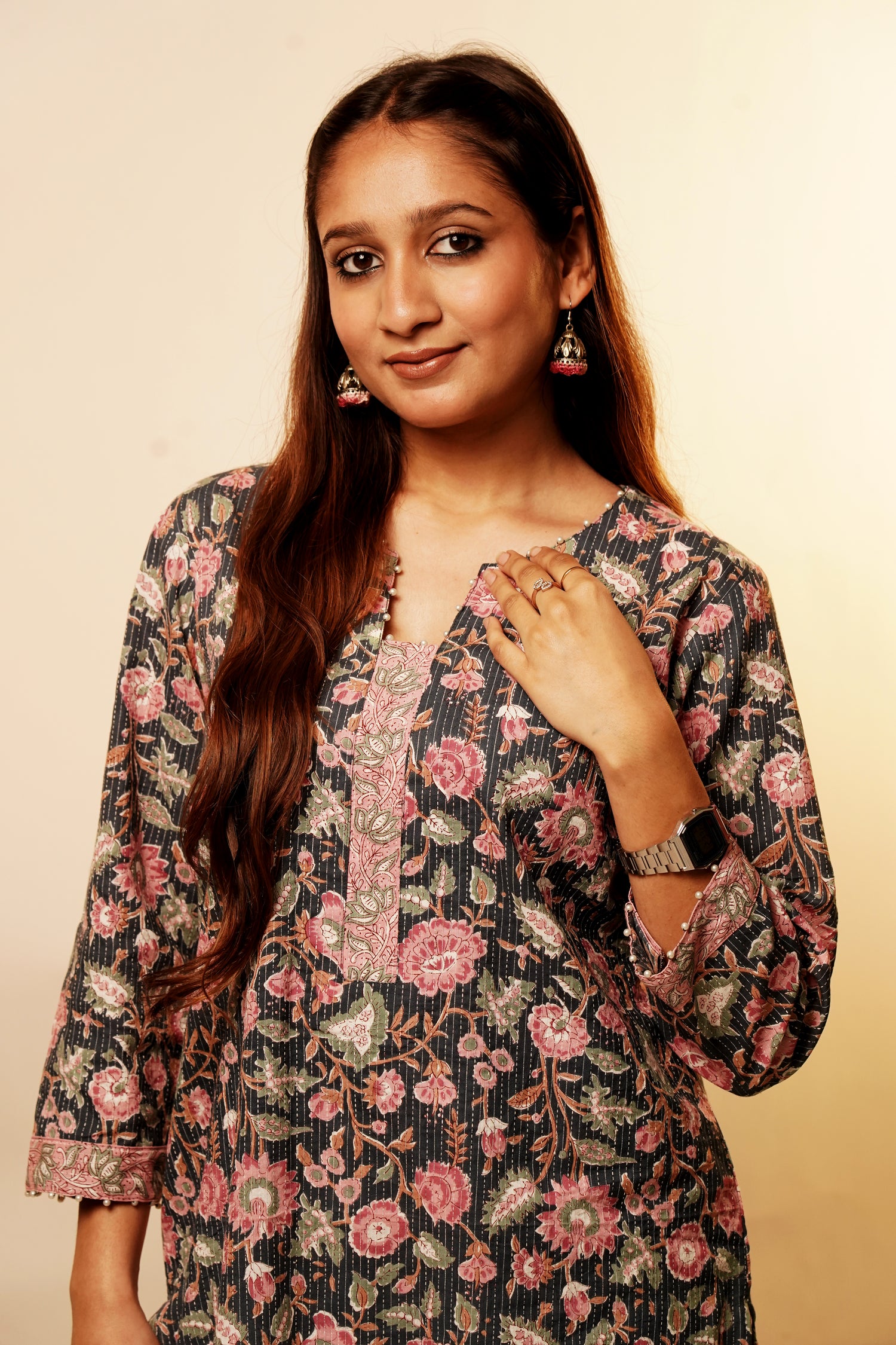 Black Floral Long Kurta