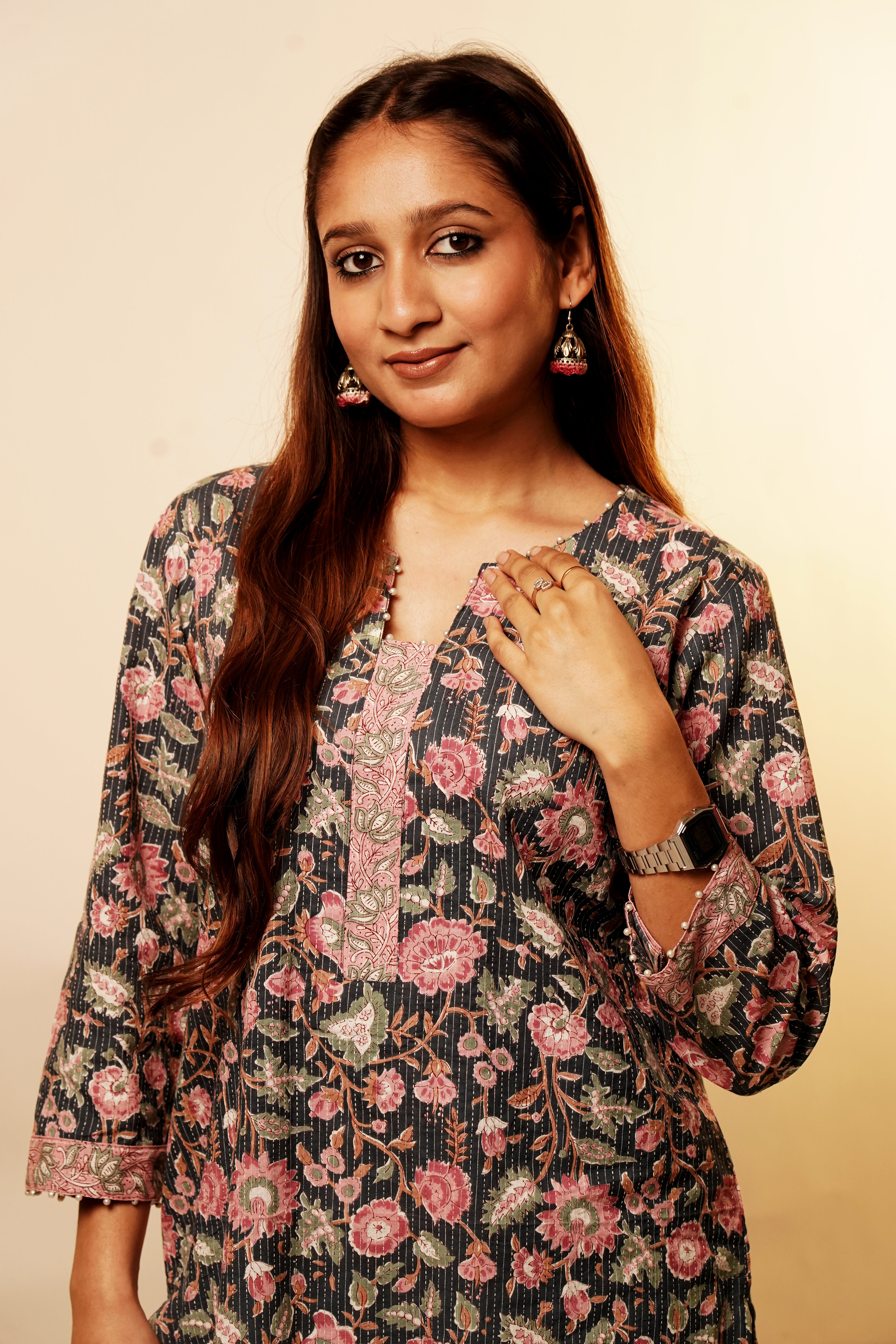Black Floral Long Kurta