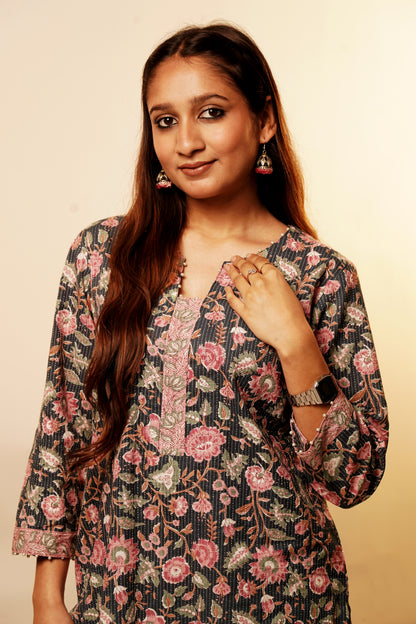 Black Floral Long Kurta